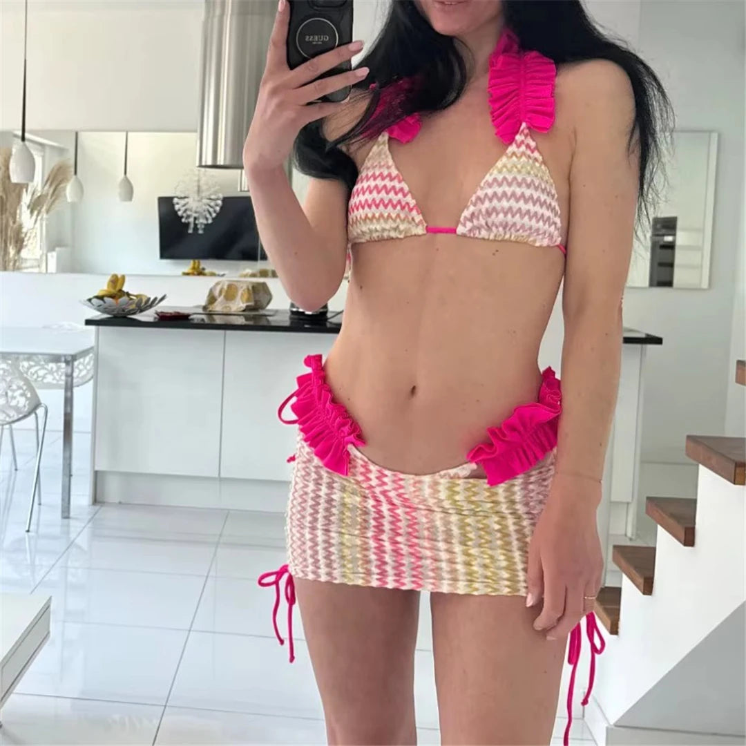 With Skirt Waved Ruffled Frilled Bikini Female Swimsuit Women Swimwear Three-Pieces Bikini Set Bather Bathing Suit Swim V5235