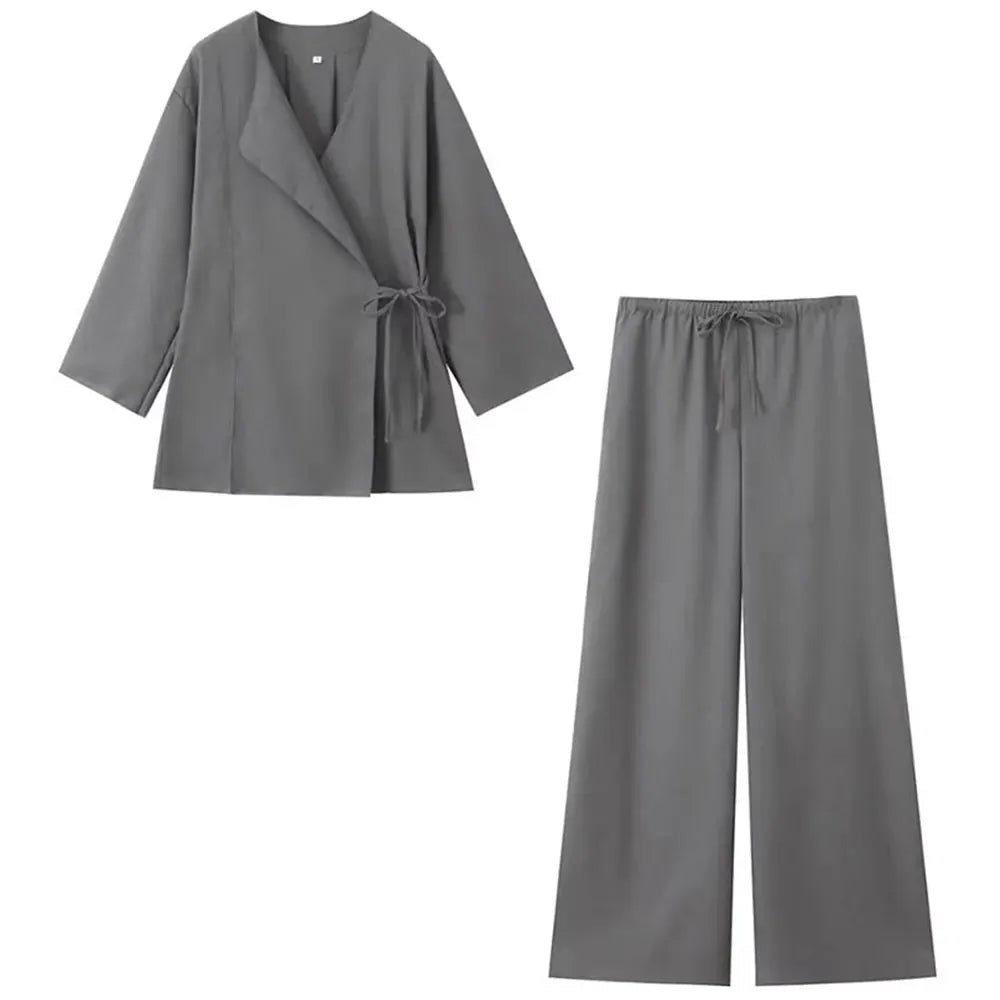 HH Pajama Style Pants Sets Women Fashion Kimono Style Lace Up Shirt Top Elastic Waist Trousers Women's Casual Outfits