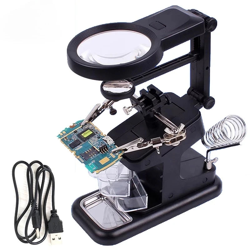 LED Light Desktop Magnifying Glass Soldering Station USB Adjustable Helping Hands Magnifier with LED Light and Alligator Clips