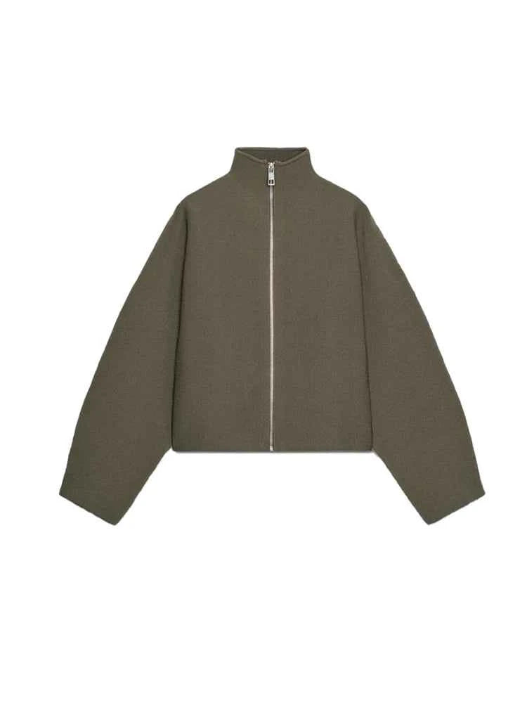 Vintage Stand Collar Women's Cropped Jacket Zipper Loose Full Sleeve Thick Warm Coat 2025 Autumn Winter Lady New in Outwear