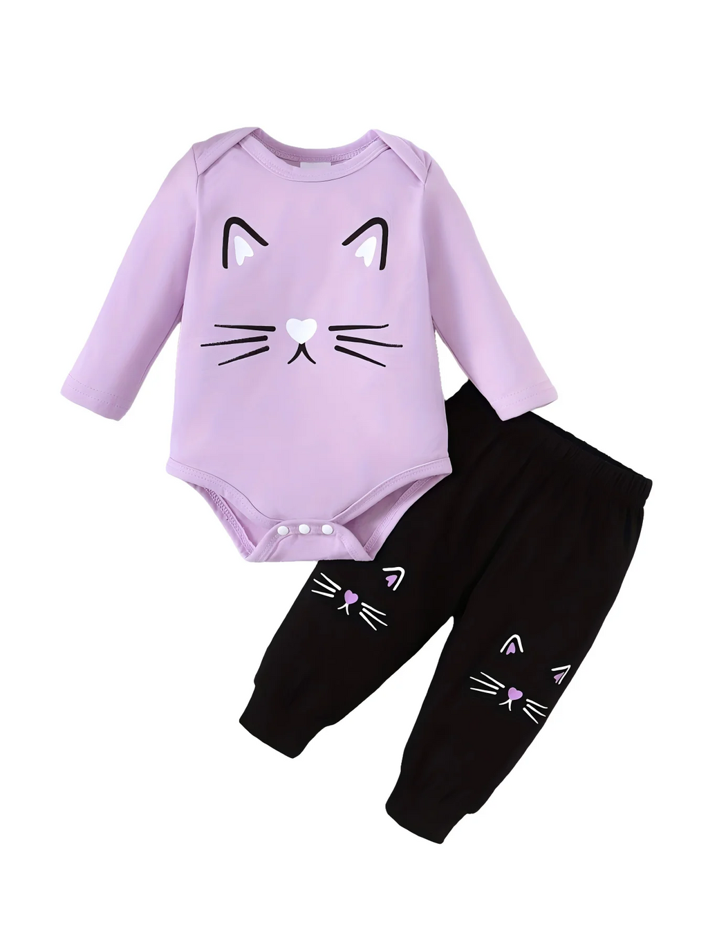Adorable and trendy purple kitten print long-sleeve romper with zipper and long pants, 2-piece set for infants and toddlers