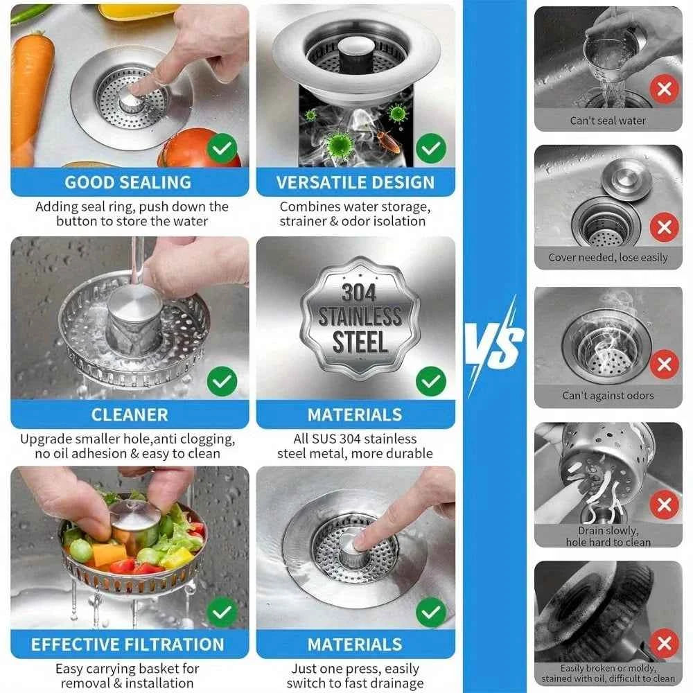 3-in-1 Stainless Steel Kitchen Sink Strainer - Pop-Up Stopper with Anti-Clogging Basket and Odor Filter, Easy Clean Drain Strain