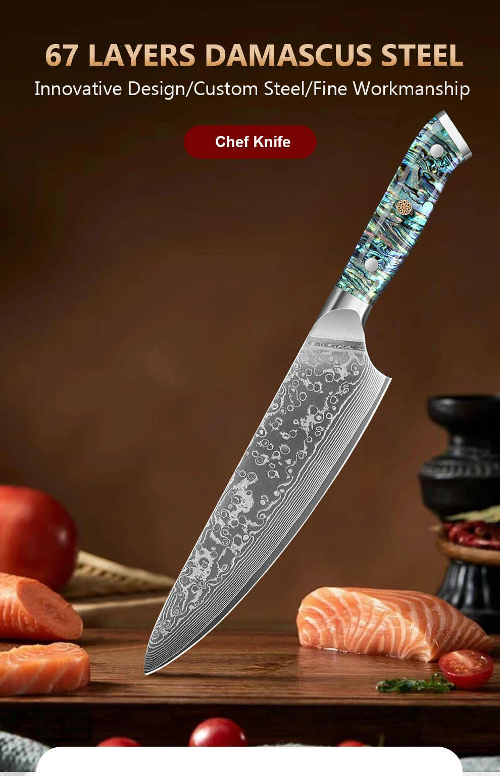 8' Kitchen Chef Knife Damascus Steel 67 Layer l Sharp Kitchen Cooking Knife Abalone Shell Handle