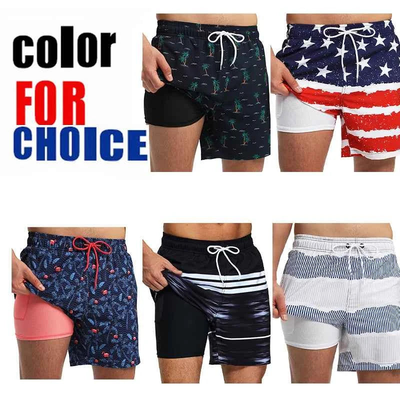 ESCATCH 2026 Summer New Arrival Mens Shorts 2 in 1 Quick Dry Gym Printing Swim Trunks Beach Side Zipper Pockets Swimsuit
