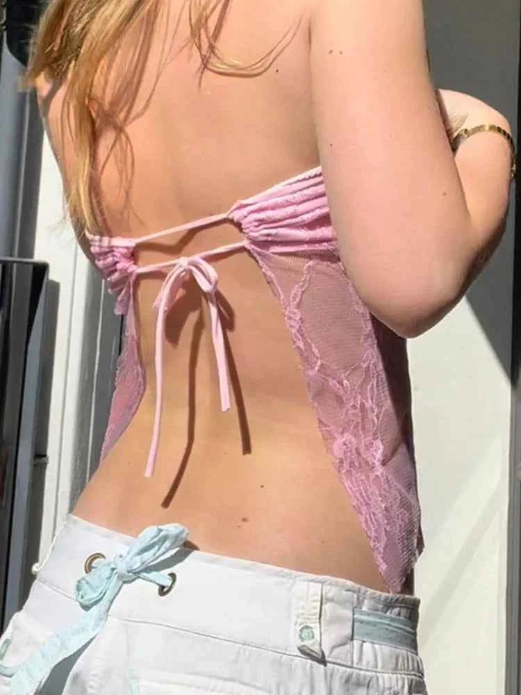 Solid Backless Bandage Corset Top Sweet Lace Stitched Strapless Tube Tops Women Sexy Club Party Tee Vintage y2k Chic Vest