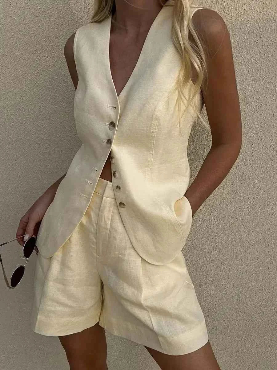 Wolfeel Cotton linen Chic Casual Vest Shorts Set Women's Fashion Commuter Sleeveless Tank Top Loose Shorts Suits Summer New