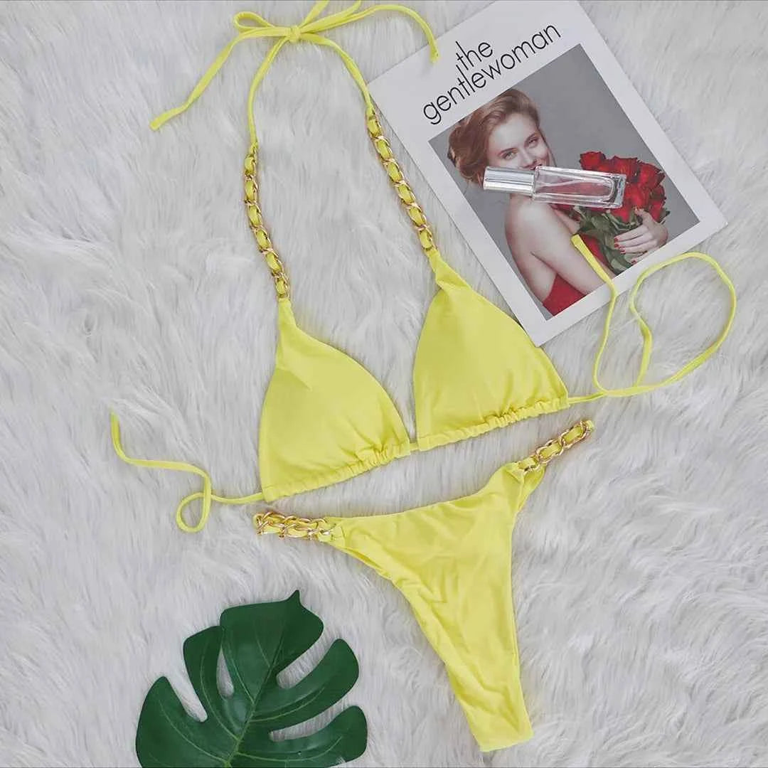 Metal Ring Halter Scrunch Butt Thong Bikini Women Swimwear Female Swimsuit Two-pieces Bikini set Bather Bathing Suit Swim V4391