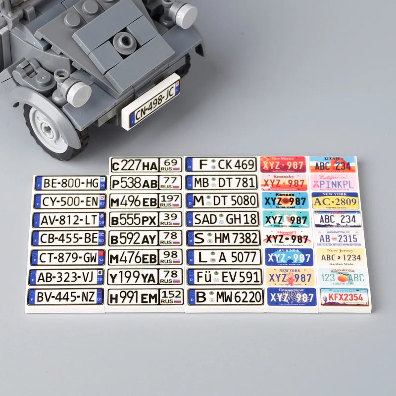 MOC City Car License Plate Printed Building Blocks Kit US Russian French German Vehicle Accessories Parts Compatible Bricks Toys