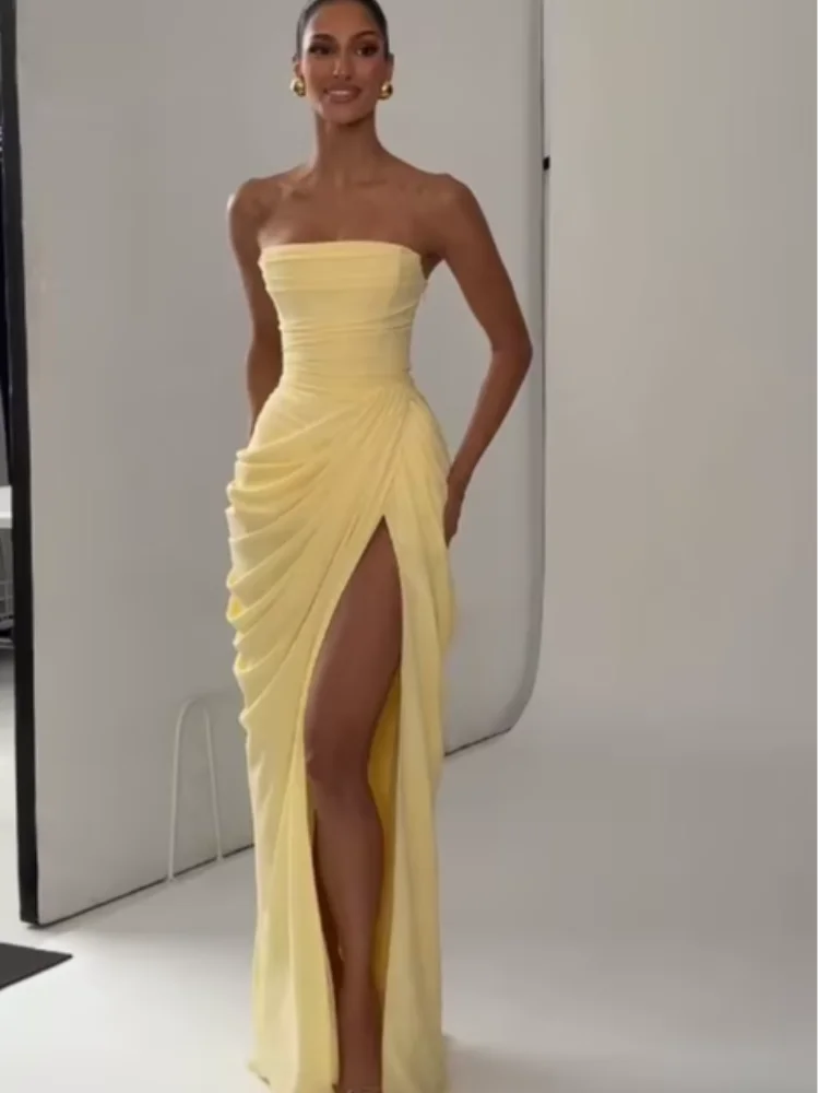 Women Sexy Solid Pleated Strapless Dress Lady Chic Off-shoulder Backless High Waist Split Dresses  Evening Party Gown 2026 New