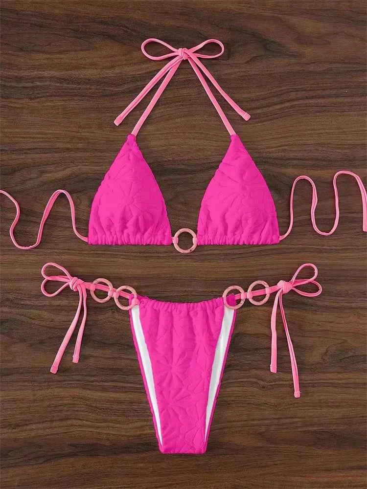 Sexy Triangle Bikini Women White Contrast Ring Linked Criss Cross Micro Swimsuit 2024 Beach Bathing Suit Tie Side Thong Swimwear