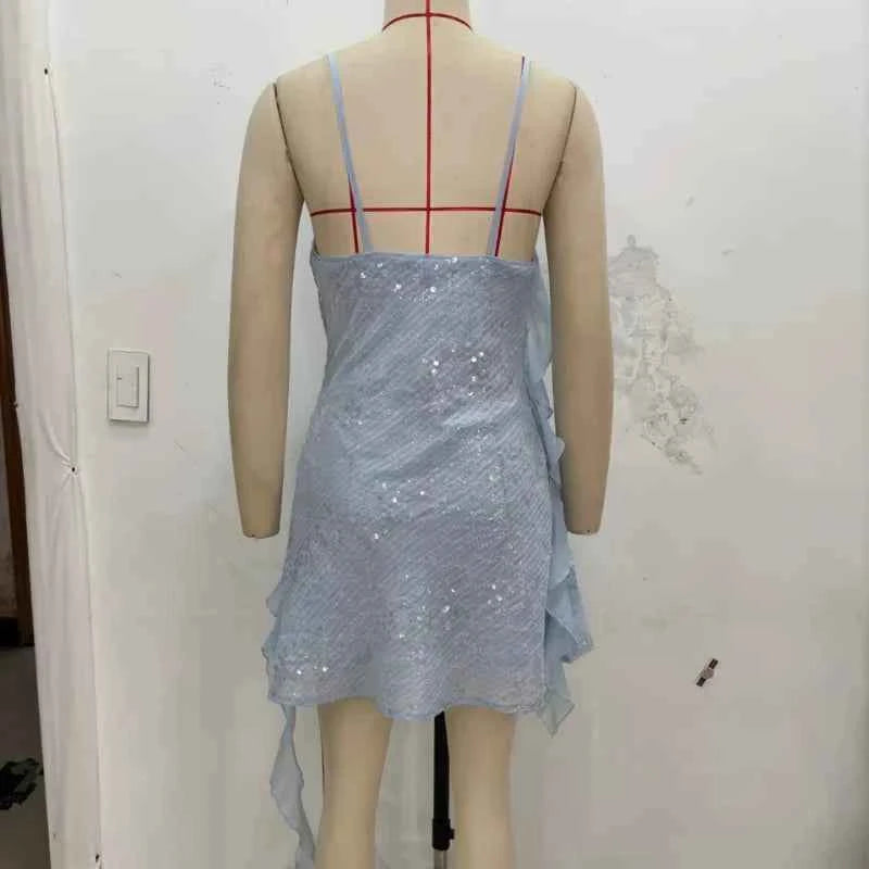 Glitter Flounce Mini Dress Woman Cinched Waist Sleeveless A-Line Halter Dresses Sexy Chic Women's Fashion Summer Short Dresses