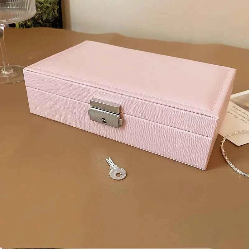 Large Square Jewelry Box Solid Color Leather Lock Boxes Earrings Necklace Bracelet Storage Display Boxes Travel Portable