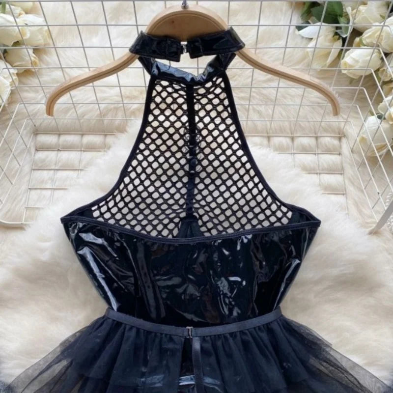 Hotsweet Women's Streetwear Mesh Patchwork Black Red Lady's Bodysuit Backless Sleeveless Halter Female Cool Wear Sexy Party Top