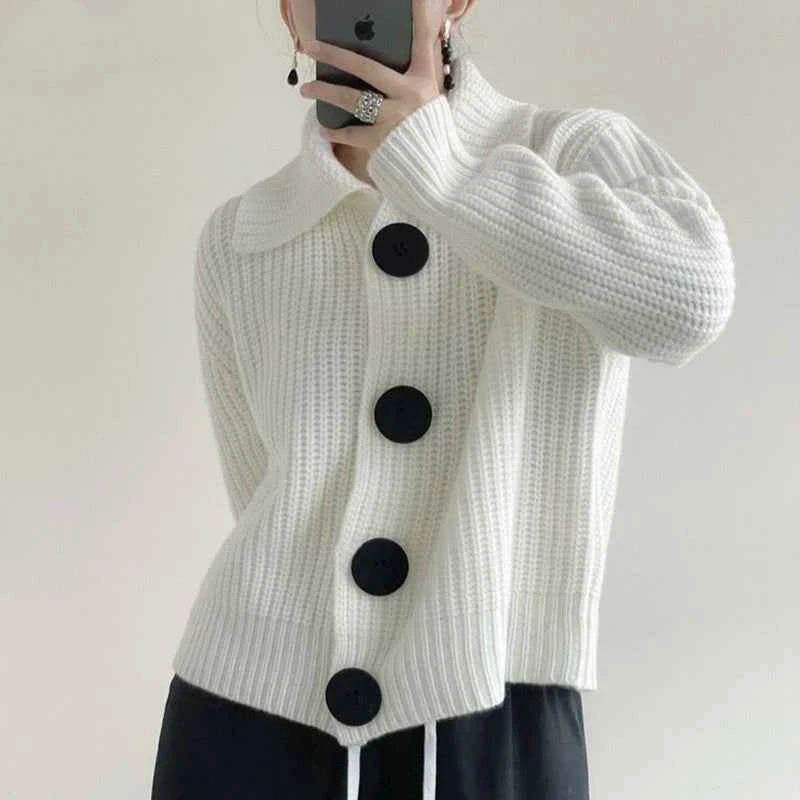 Temperament Fashion Sping Autumn New Sweaters Coats New Women Solid Lapel Button Korean Casual Long Sleeve Cardigan Knitted Tops