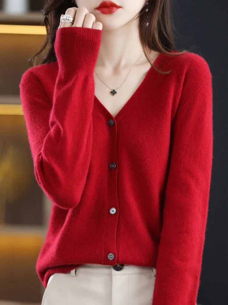 Women Cardigans V-neck Long Sleeve Knitted Outerwear Solid Thin Spring Autumn Sweaters Knitwears Korean Fashion Red Cardigans