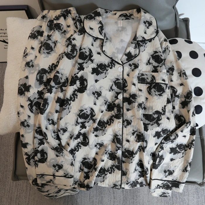 Print Flower Soft Thin Women's Pajama Set Autumn New Casual 2 Pieces Pajama Set Full Length Sleepwear for Sleeping Home Suits