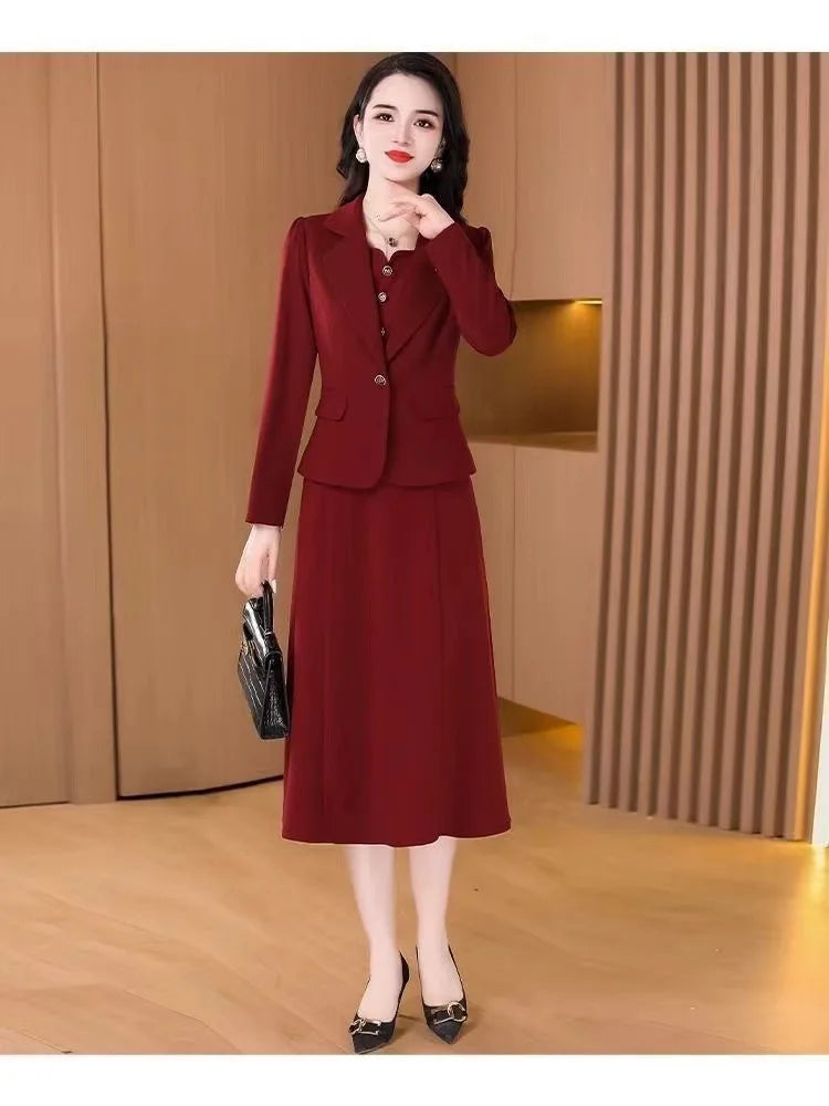 Fashionable Red Two-Piece Set Korean Japanese Style Women's Dress Suit Autumn Spring Lightweight Polyester Commute Style