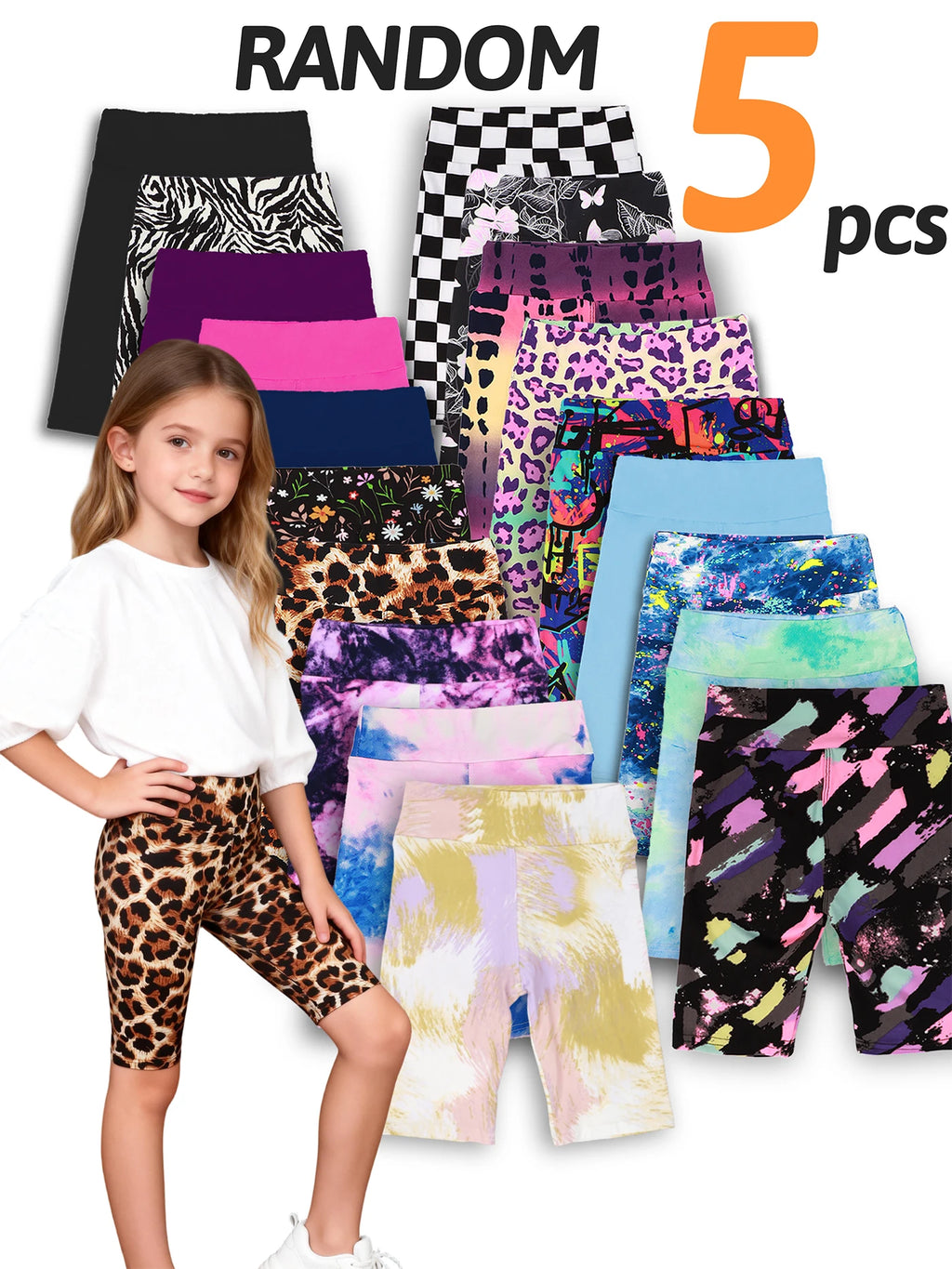 Random 5pcs girls yoga band soft stretchy biker shorts, high waist bermuda short leggings for children dancing sports