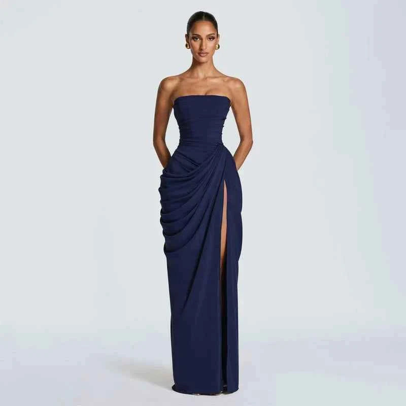 Women Sexy Solid Pleated Strapless Dress Lady Chic Off-shoulder Backless High Waist Split Dresses  Evening Party Gown 2026 New