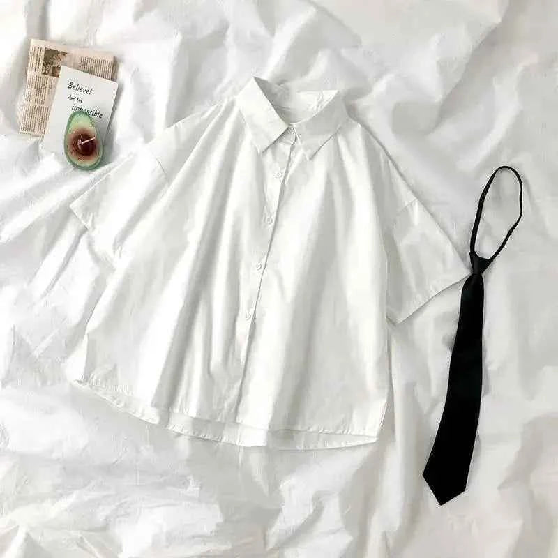 E-BAIHU 2025 White Shirt Women Blusas Short Sleeve Lapel Blouse with Tie Japanese Fashion Student Summer Daily College Style Top