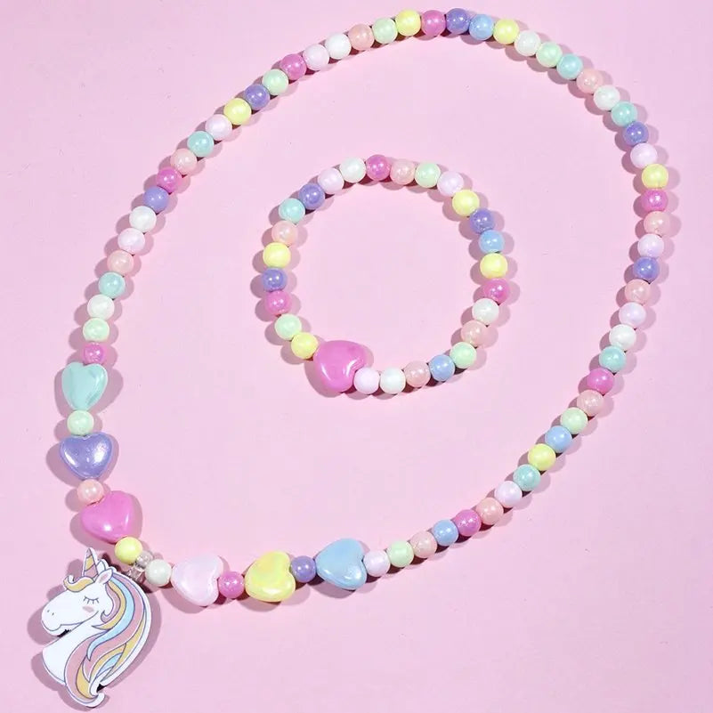 2pcs Colorful Cartoon Unicorn Flower Animal Child Sweater Necklace Bracelet Girl's Gifts Children's Jewelry Kids Toys