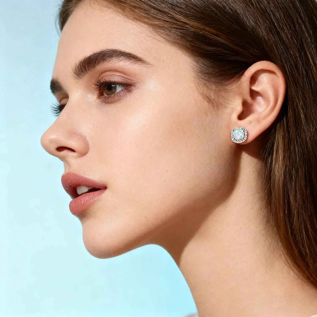 Multi-Color Available Opal Stone & Zirconia Earrings,Elegant Square Opal Studs,Silver Color Daily Luxury Jewelry,Gift for Women