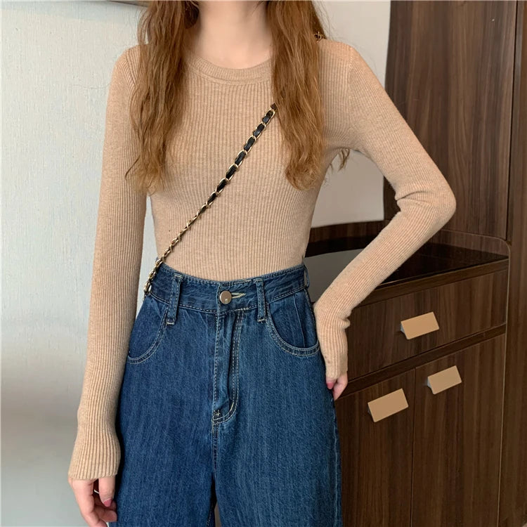2026 New Women Sweater Autumn Winter Long Sleeve Pullover Basic Top Fashion O-neck Elastic Female Winter Solid Knitted Jumper