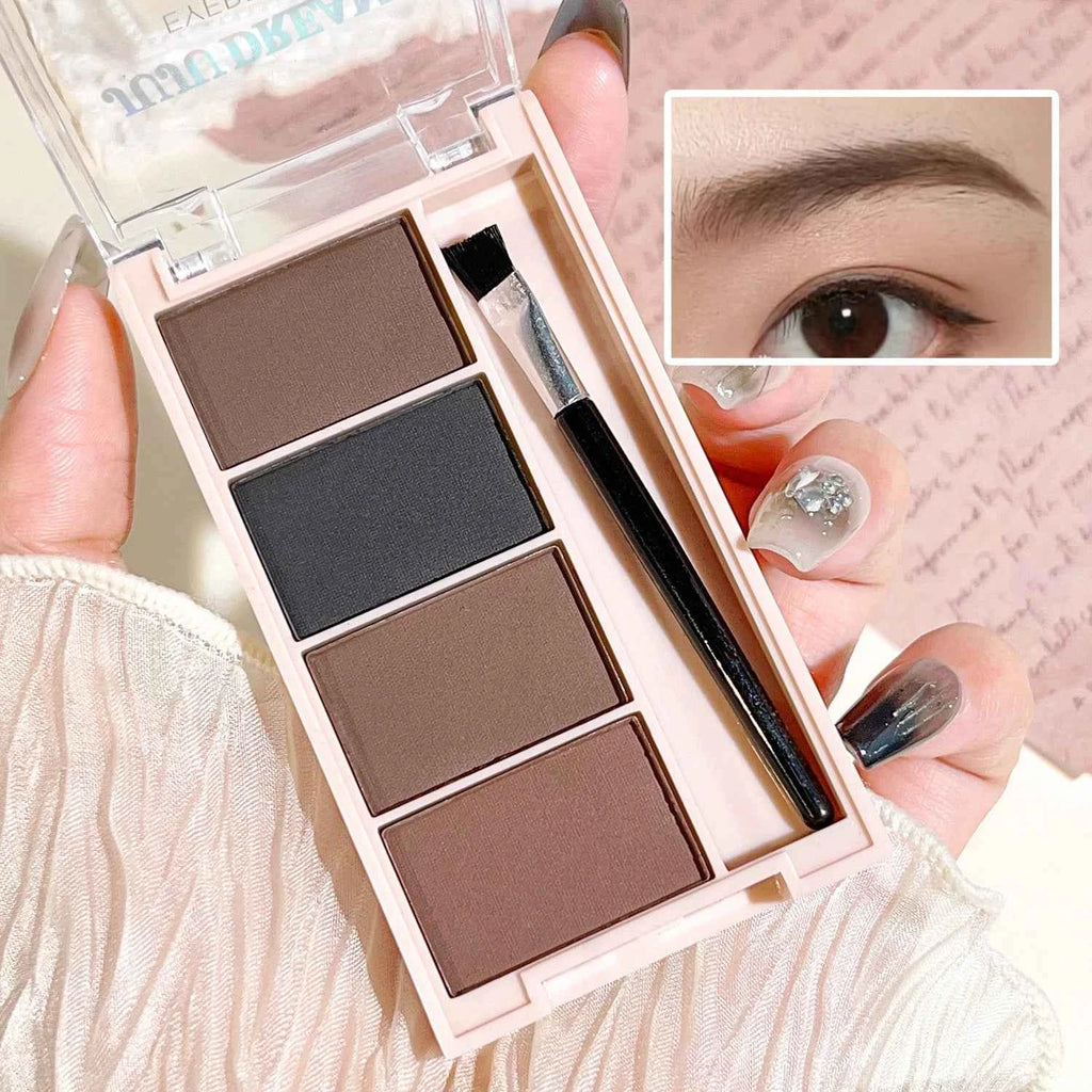 A set of 4-color eyebrow powder trays with brushes in gray and brown matte tones for long-lasting color rendering, filling and s