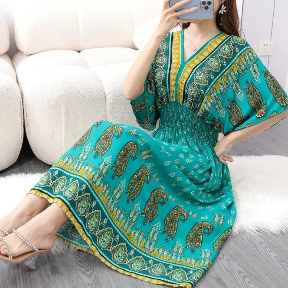 Colorful Flower V-neck Elastic Youthful Bohemian Sweet Midi Dress Woman Clothes Chic Fashion Summer Dresses 2025 Large Swing Ski