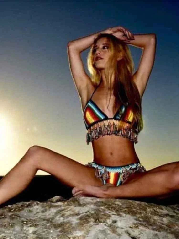 Handmade Crochet Bikini Set Rainbows Rasta Tassel Women Swimwear Push UP Sexy Swimsuit Vacation