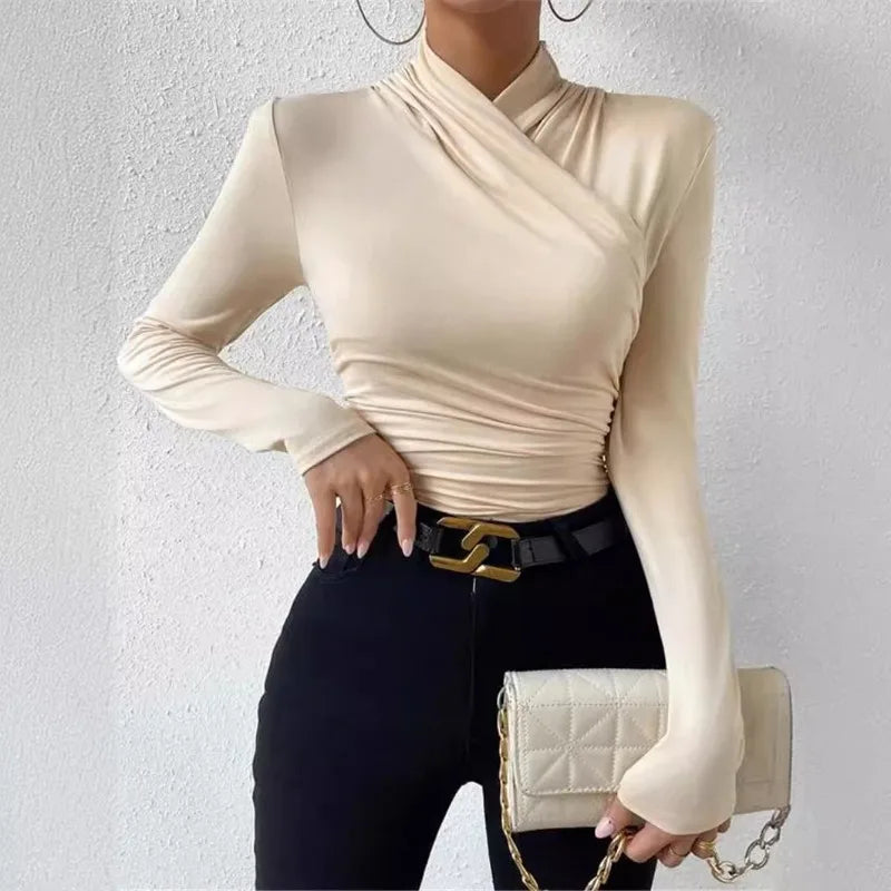 Women's Clothing Autumn Winter Tshirts New Design Cross Neckline Versatile Pleated T-shirt Comfortable Fashion Slim Fit Sexy Top
