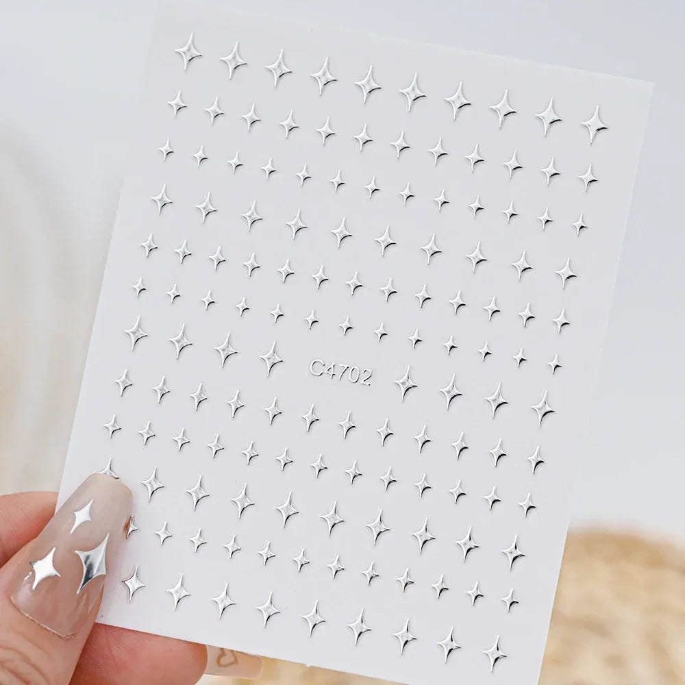 Metallic Silver 3D Star Chain Heart Nail Stickers 6 Sheets Self Adhesive Decals Professional Salon DIY Gel Nail Art Supply