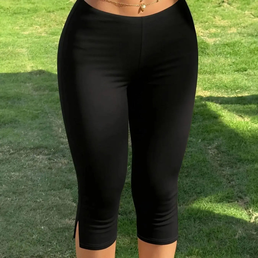 Women's Y2K Street Style Black Slim Fit Capri Pants, Side Slit Design Sweatpants, Suitable for Fitness
