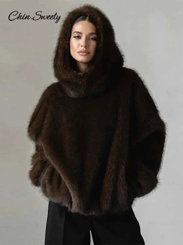 Women Solid Faux Fur Hooded Pullover Casual Full Sleeve Warm Loose Thick Tops Lady New Daily Chic Elegant Winter Outwear 2025