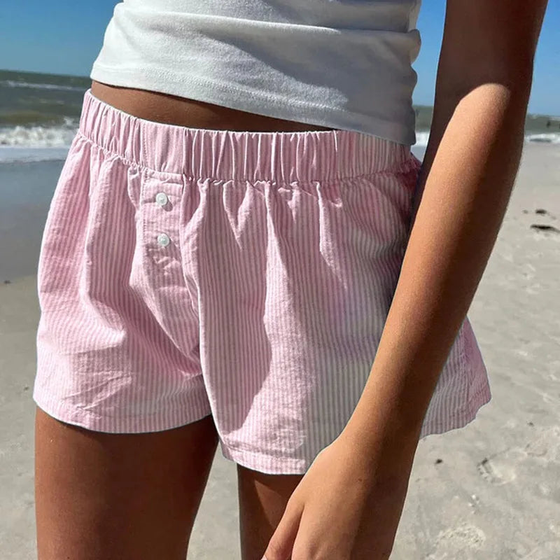 Striped Print Casual Shorts for Women Elastic Waist Fashion Button Bottoms Streetwear Chic Basic Y2K Loose Shorts