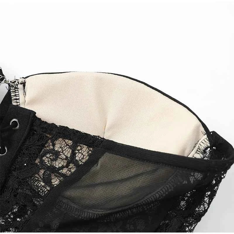 Sexy Women Black Lace Corset Vest Fashion See Through Hollow Out Strapless Top Chic Autumn 2025 New Party Lady High Street Vests