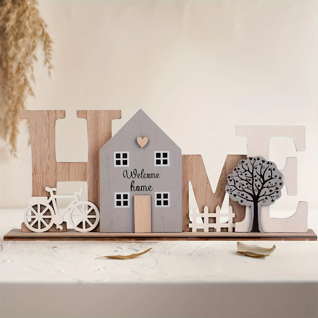 Wooden HOME Ornament with Cute House Bicycle & Tree Elements Creative Wooden Craft Decor For Living Room Bedroom Entryway