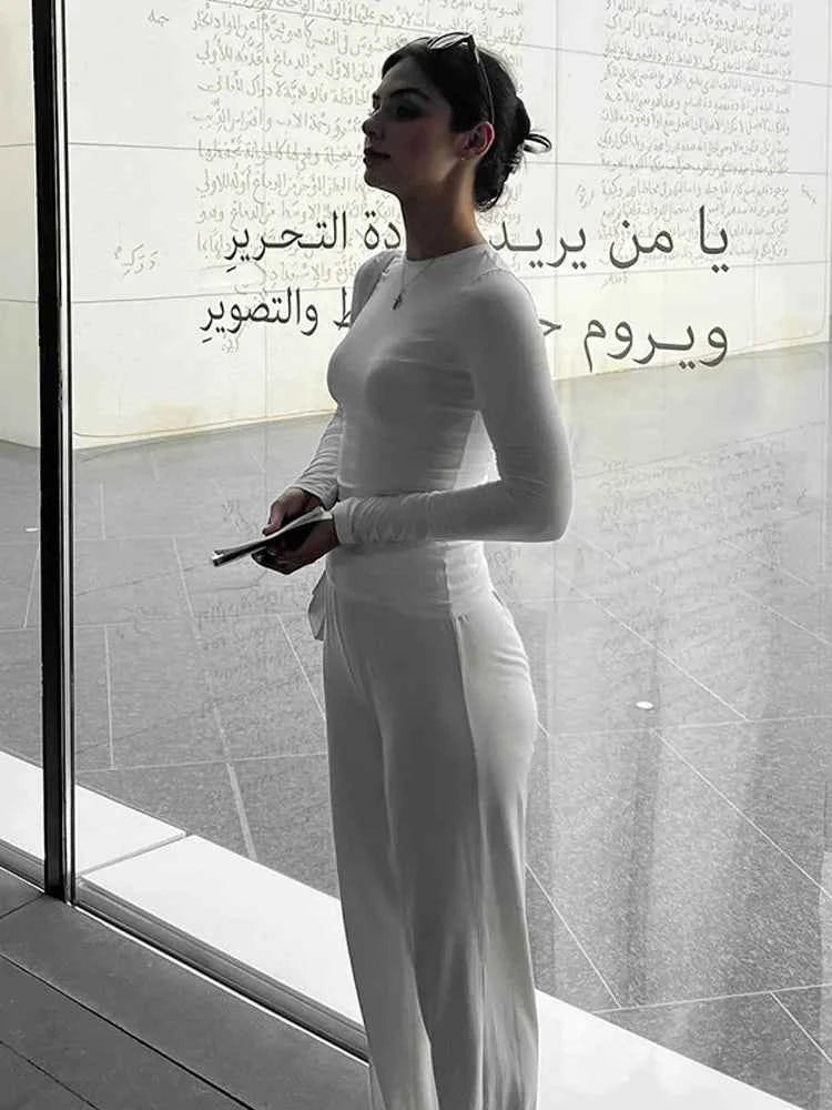Women Top Pants Suit 2 Piece Sets Solid O-neck Long Sleeve Shirts Elastic Waist Trousers Female Outfits 2025 New Lady Tracksuit