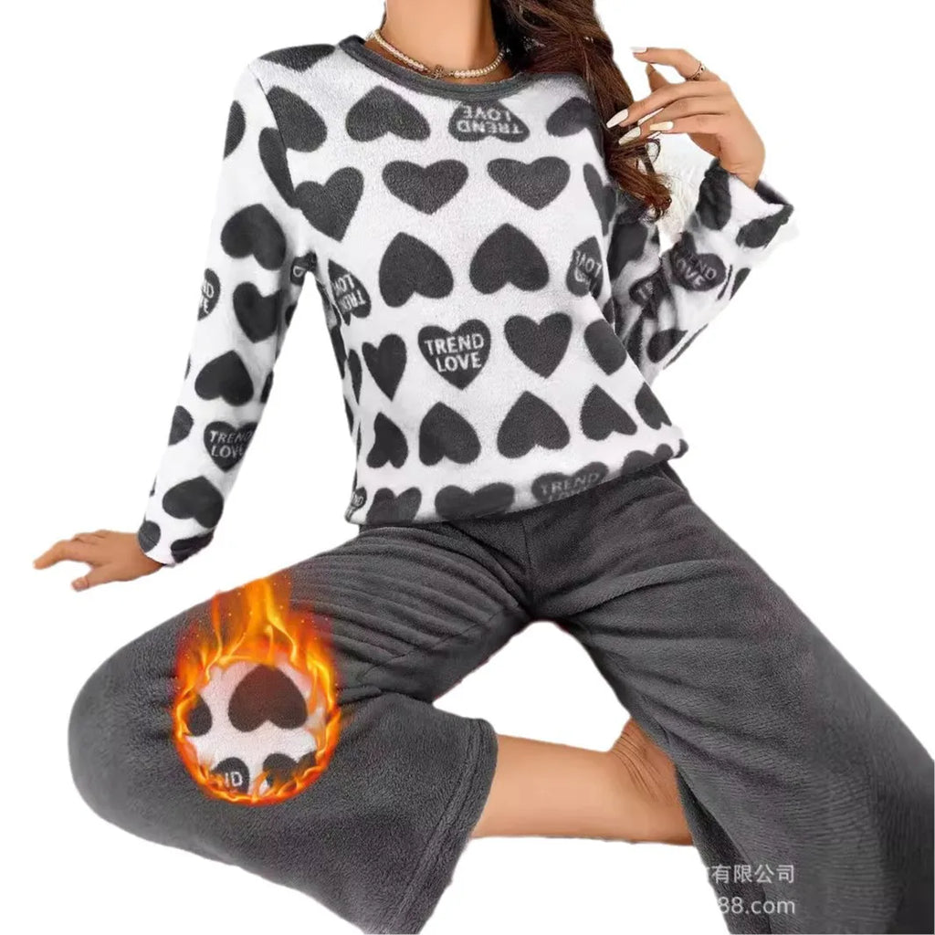 Thick and Warm Winter Flannel Sleepwear Soft Long Sleeved Pants Women's Pyjamas Set Heart-Shaped Pattern Student Nightwear