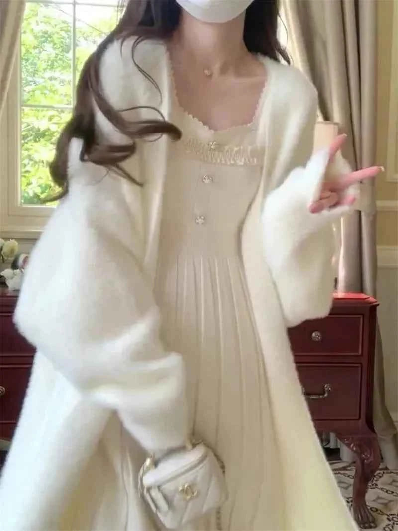 White Gentle Mink Fur Sweater Knitted Cardigan Women's 2024 Autumn Winter New Loose Versatile mid to long Lazy Milk fufu Jacket