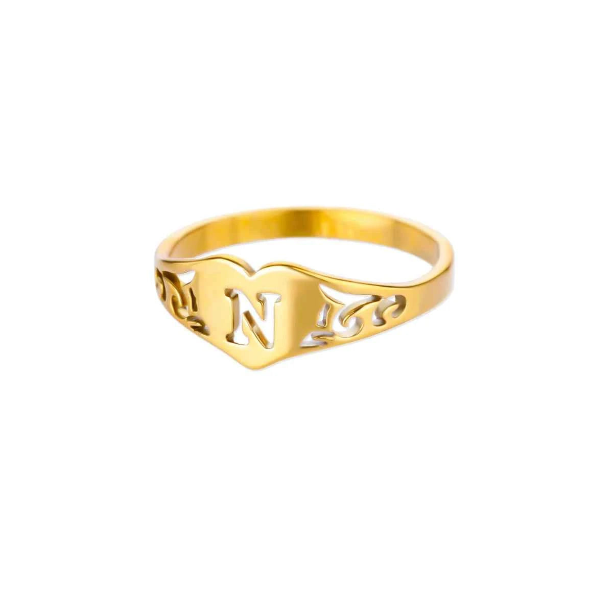 Fashion Hollow Initial Letter Heart Rings For Women Gold Color Stainless Steel A-Z Letter Ring Aesthetic Wedding Jewelry Gift