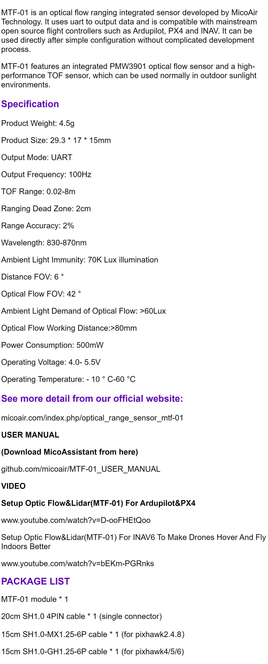 MicoAir  MTF-01 AUTO Optical Flow & Lidar Sensor MTF-01 Compatible AUTO