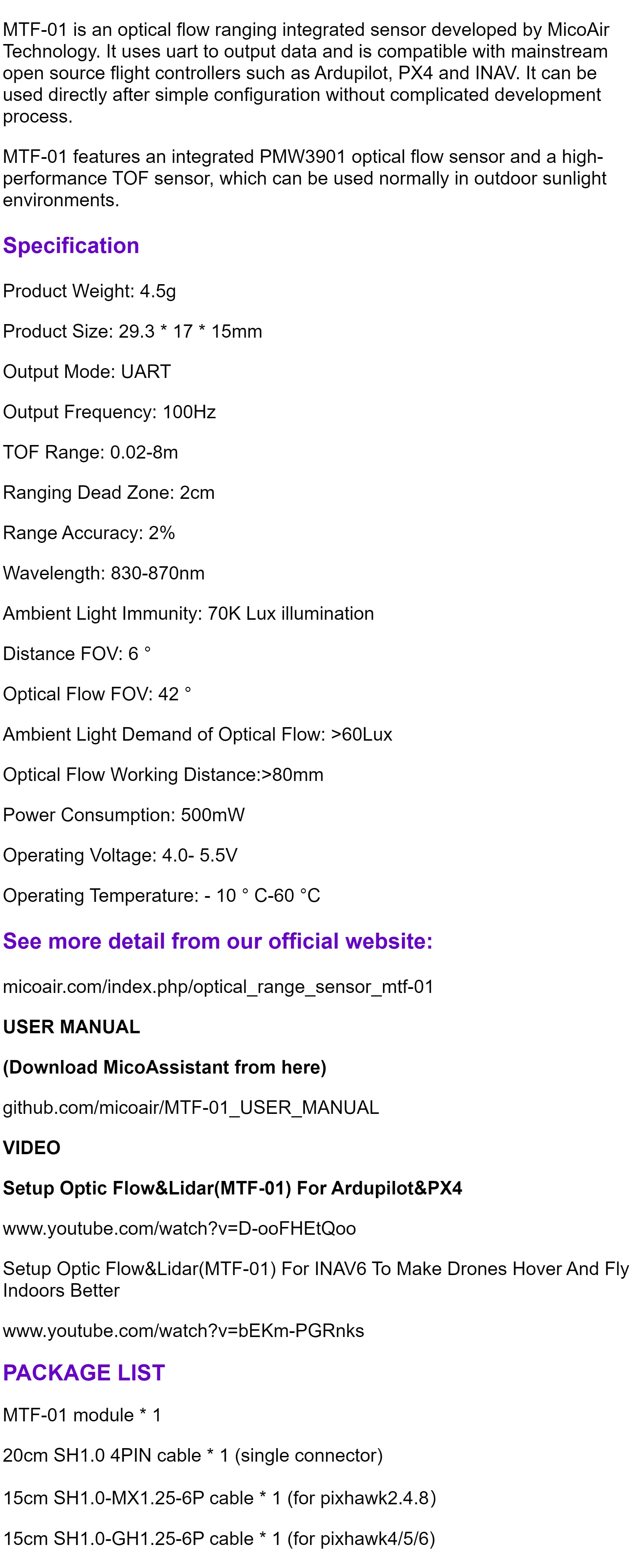 MicoAir  MTF-01 AUTO Optical Flow & Lidar Sensor MTF-01 Compatible AUTO