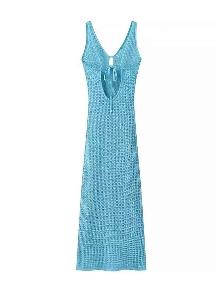 Sexy Deep V-neck Cut Out Halter 2026 Summer Women Knit Back Tie Up Slit Bodycon Beach Maxi Dress Swimsuit Swimwear Coverup A3027