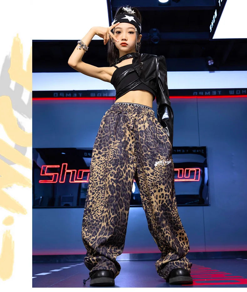 Kid Hip Hop Clothing T Shirt Crop Top Wine Red Arm Sleeve Faux Leather Casual Cargo Pants for Girl Jazz Dance Costumes Clothes