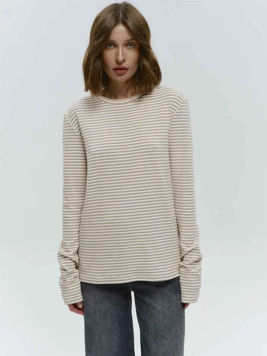 Bornladies Autumn New Fashion Women Cotton Striped Long Sleeve T Shirt Office Casual Simple Round Neck Pullover Tops & Tees