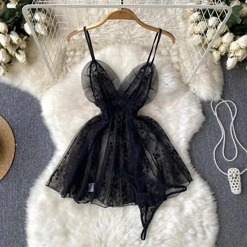 Summer Girls Sexy Hot Sweet Transparent Suspender Mini Dress Women Elastic Waist And Backless Strap Lolita Pajamas Bubble Skirt
