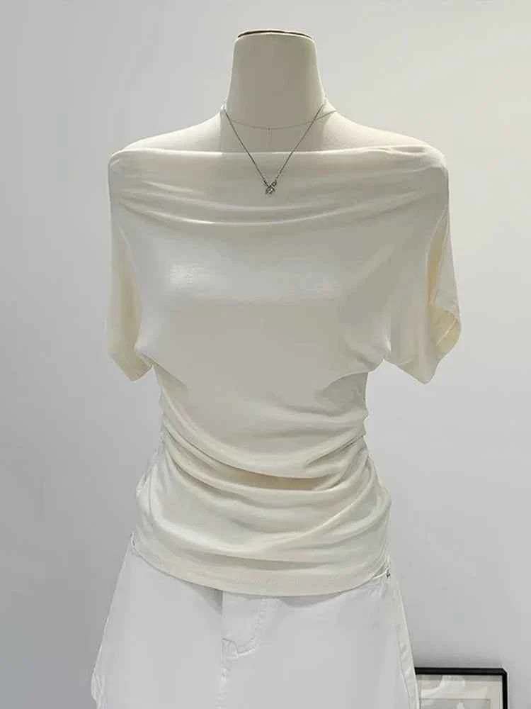 Summer One Shoulder Black Women's T-shirt Short Sleeve Korean Style Slimming Top Exposed Shoulder Fashionable