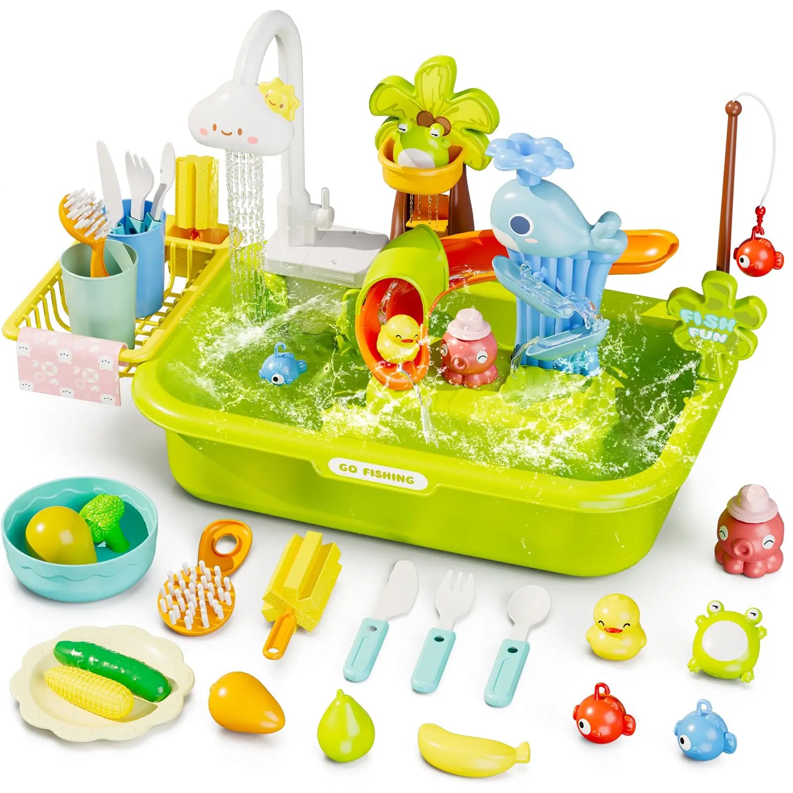 Kids Electric Kitchen Sink Toys with Running Water, Pretend Play Dishwasher & Fishing Toys, Educational Role Play Gift for Girls