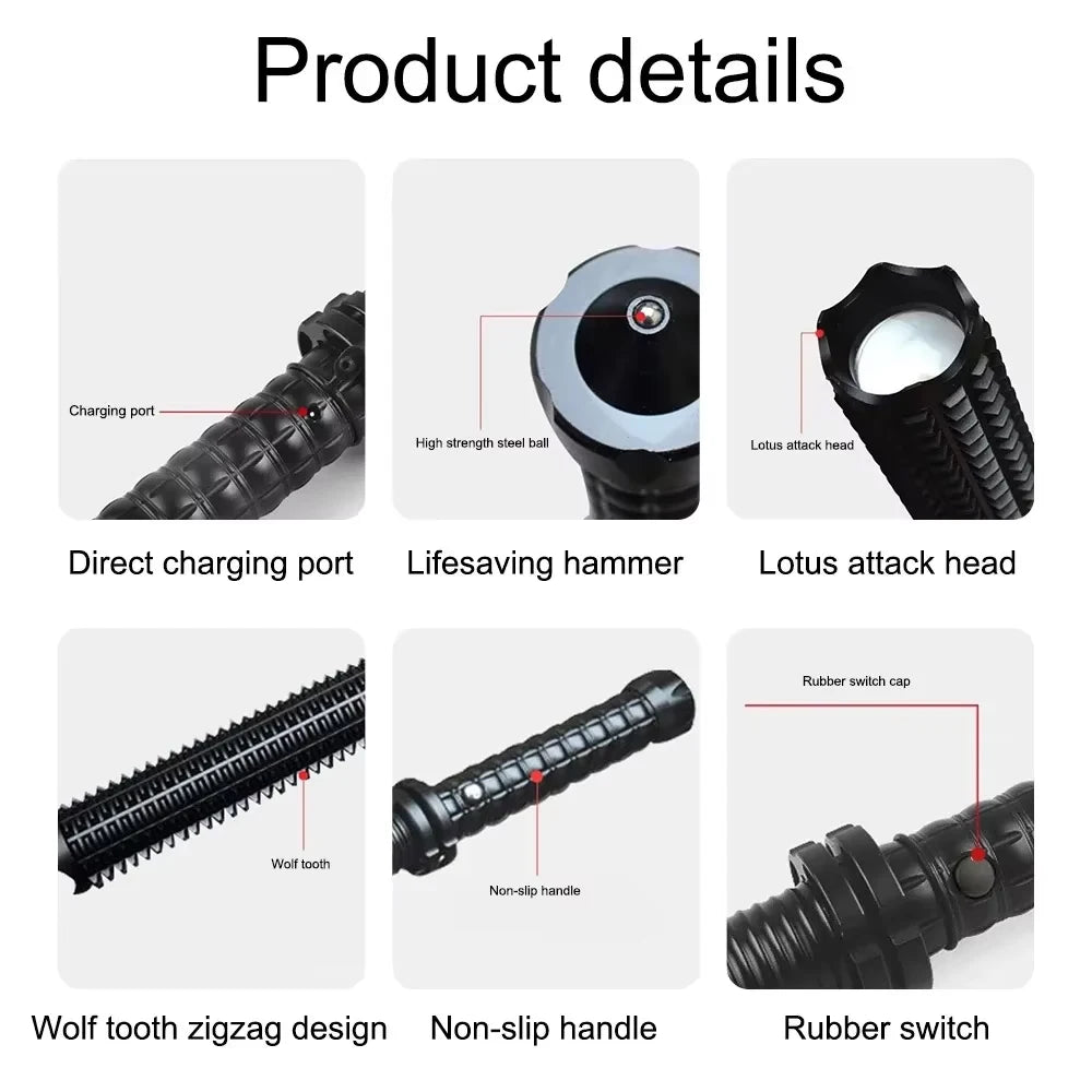 LED Defense Self-defense Flashlight Rechargeable Tactical Long Handle COB Baseball Torch Outdoor Window Breaker Hammer Emergency